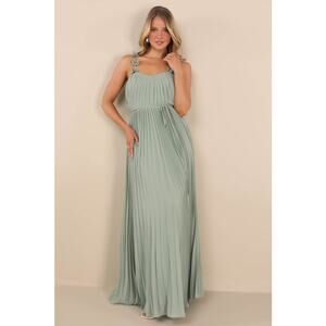 NWT Lulus Hera Sage Pleated Floral Applique Maxi Dress Bridesmaid Gala Size L